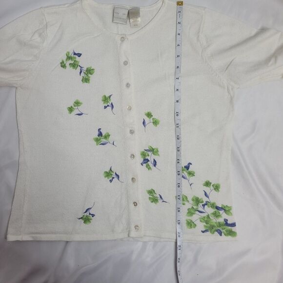 VINTAGE 90s sweater white floral‎ button up cardigan M - Picture 6 of 7